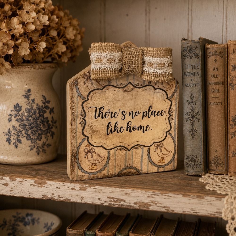 Handmade Wood House Block Sign There's No Place Like Home Burlap Lace Duck Decor